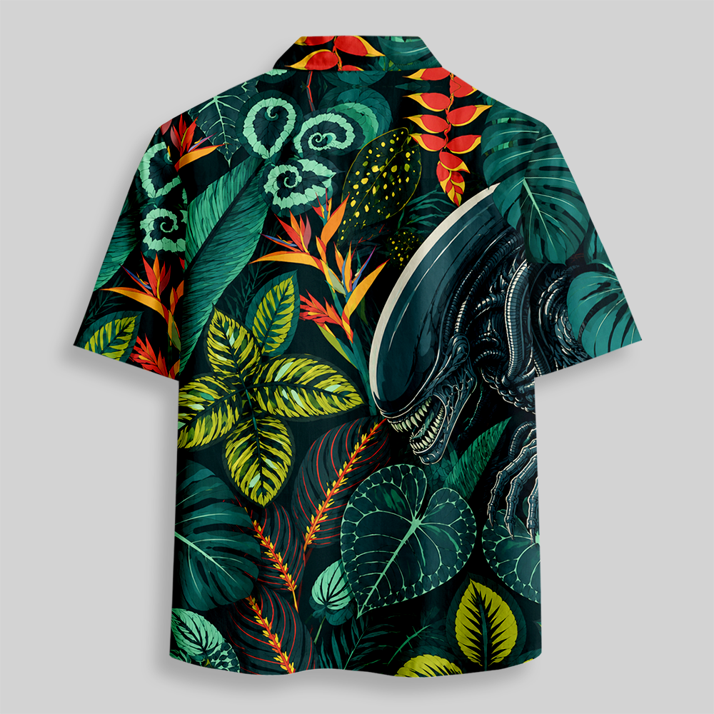 Tropical Leaf Sci-Fi Beast Rainforest Button Up Pocket Shirt