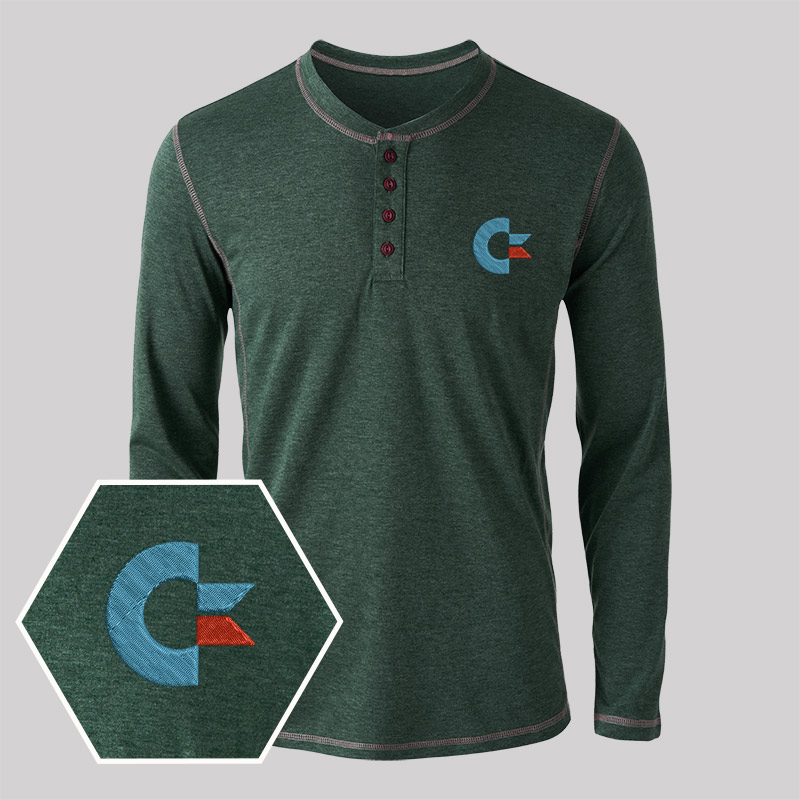 Commodore Geek Embroidered Long Sleeve Henley Shirts