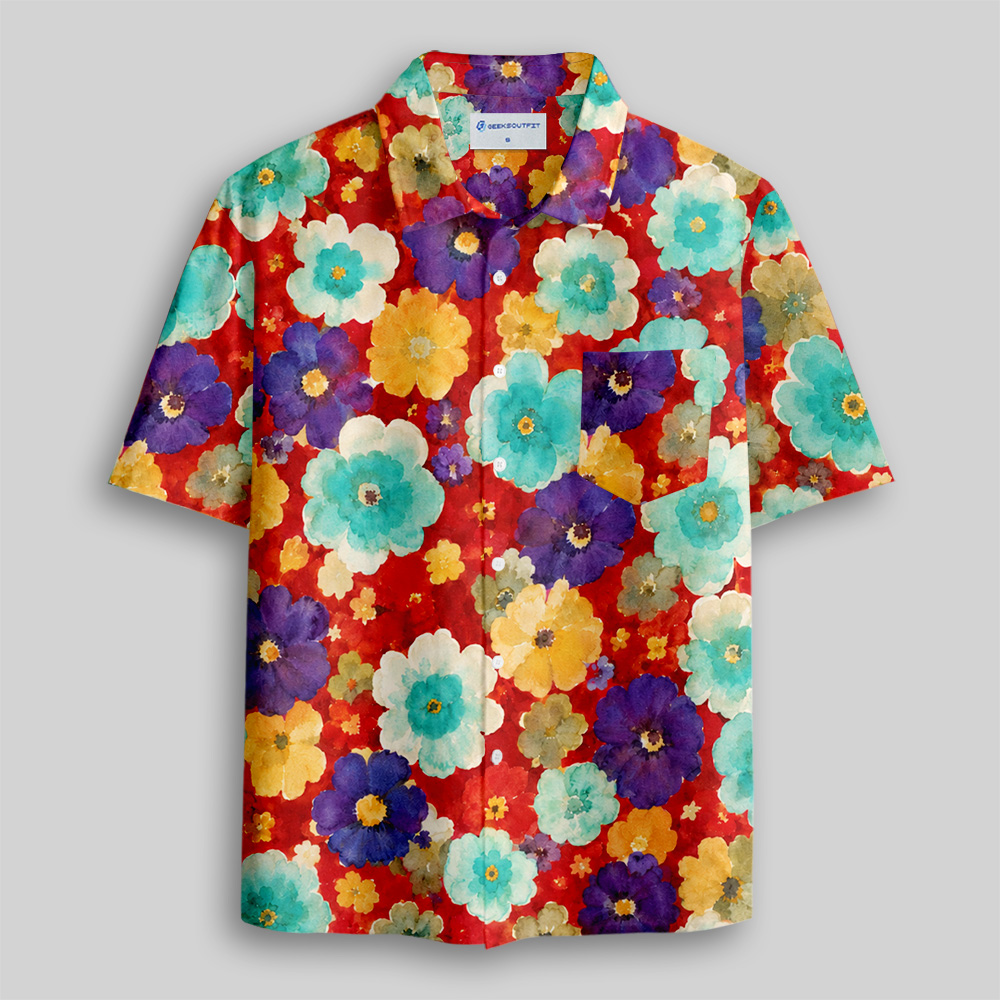 Ponchito Floral Style Short Sleeve Shirt Retro Button Up Pocket Shirt