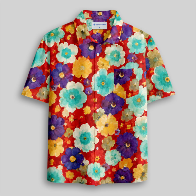 Ponchito Floral Style Short Sleeve Shirt Retro Button Up Pocket Shirt