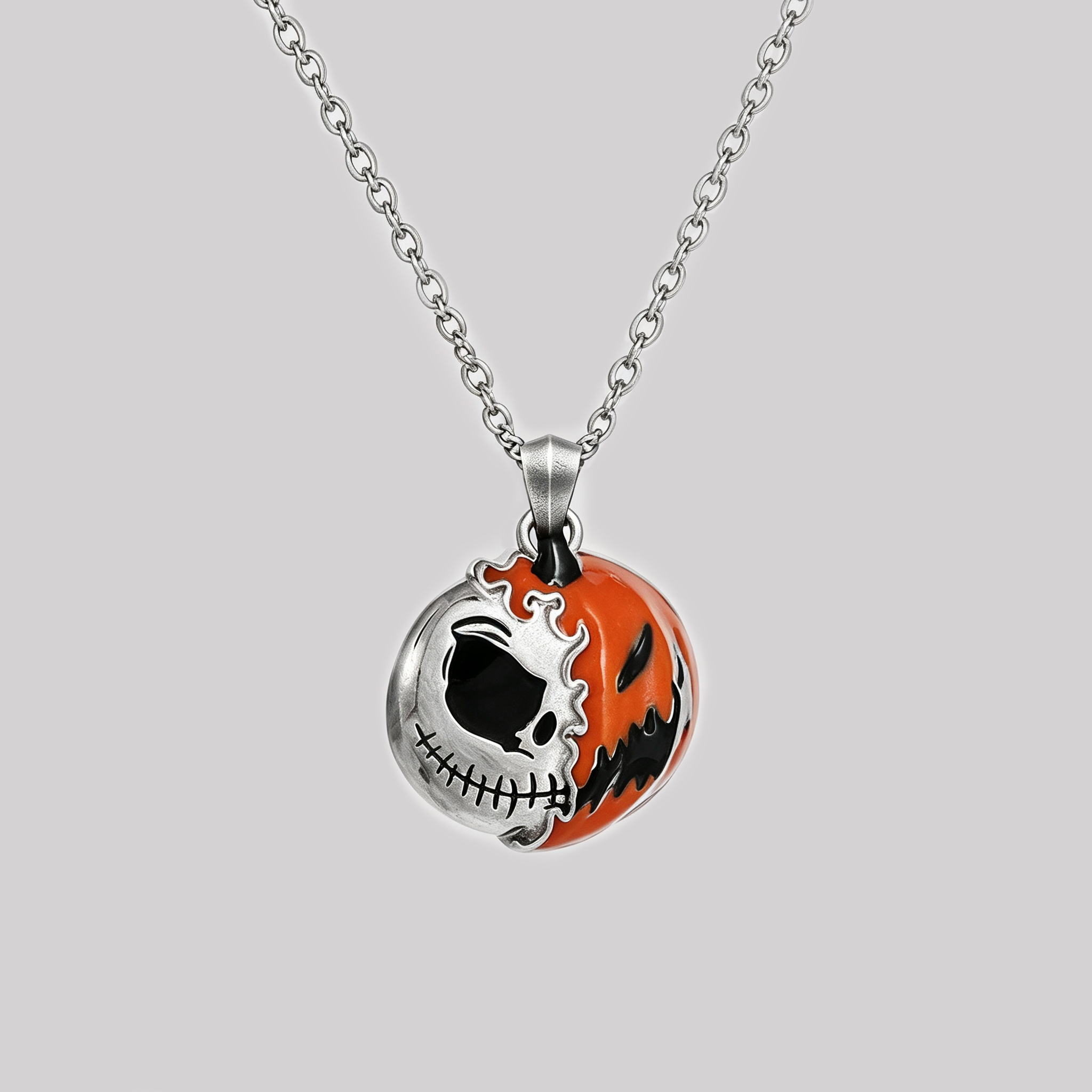 Half Skull Half Pumpkin Split Face Geek Sculptural Necklace