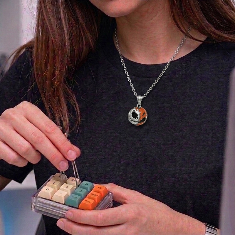 Half Skull Half Pumpkin Split Face Geek Sculptural Necklace