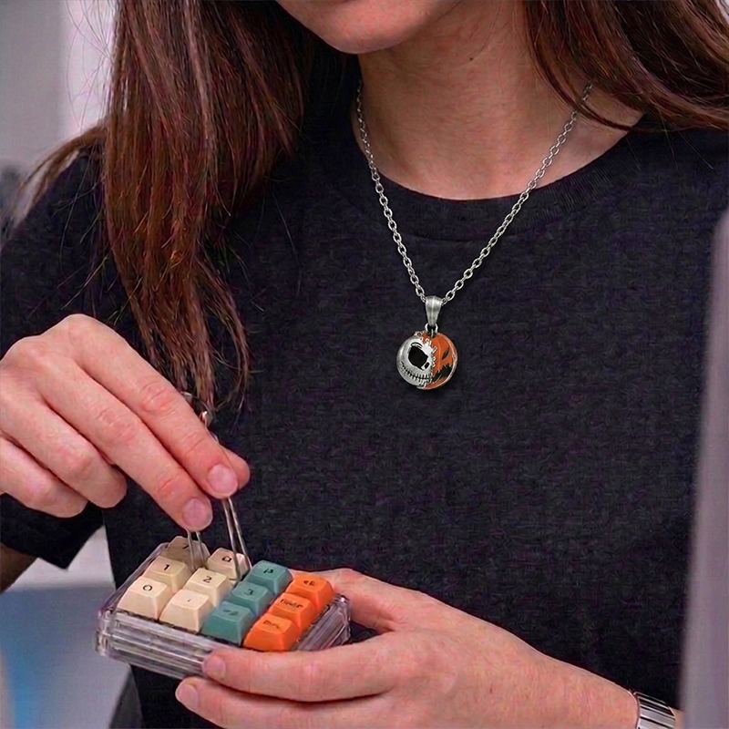 Half Skull Half Pumpkin Split Face Geek Sculptural Necklace