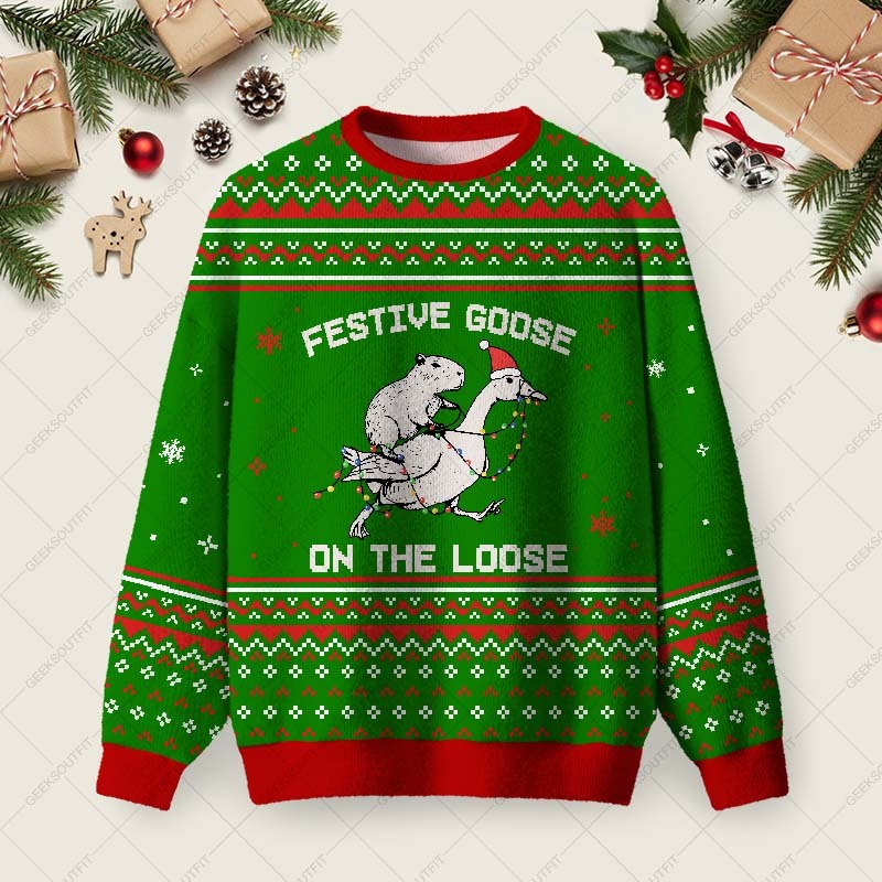 Geeksoutfit ForFestive Goose On The Loose Ugly Christmas Fuzzy Fleece Sweatshirt for Sale