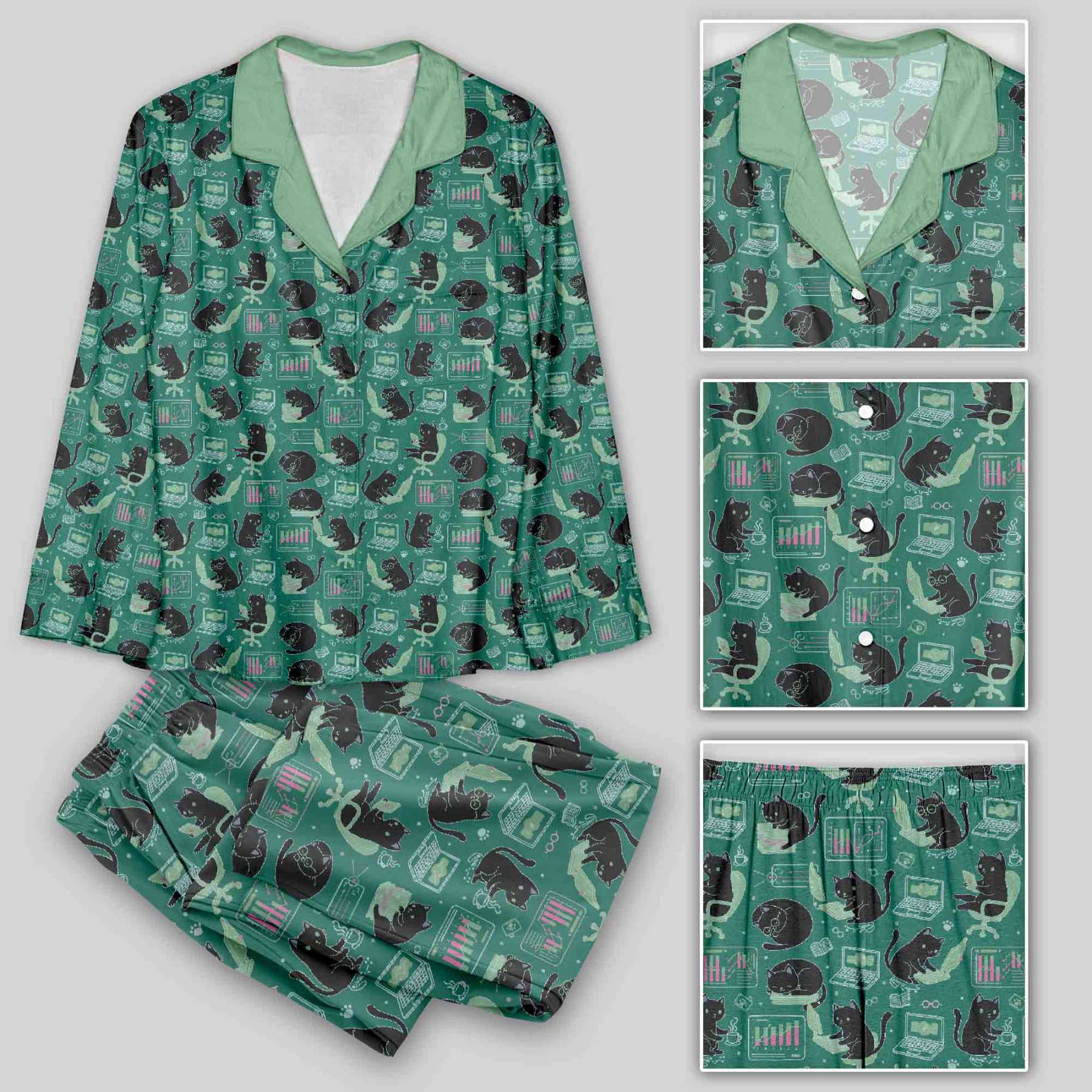 Cat Pattern With Data Print Geek Pajama Sets