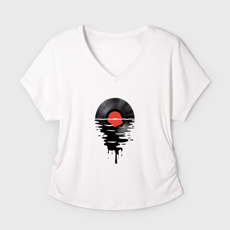 Vinyl LP Music Record Sunset Red Geek Dolman Sleeve V-Neck Shirt