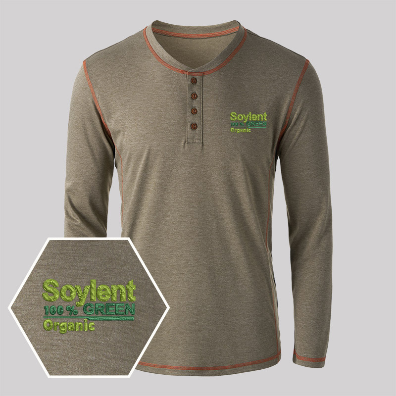Soylent Green Geek Embroidered Long Sleeve Henley Shirts