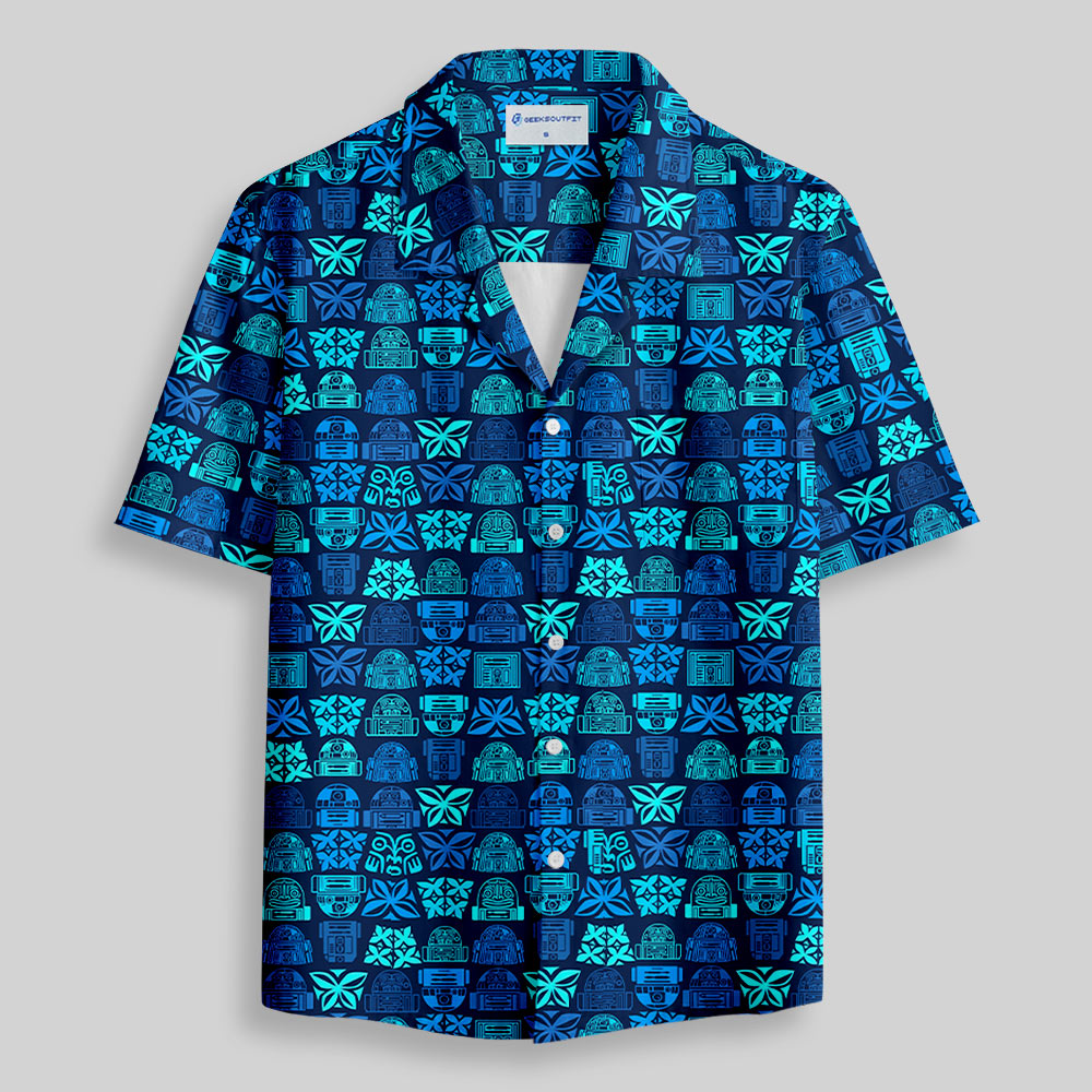 Robot Hawaiian Pattern Button Up Pocket Shirt