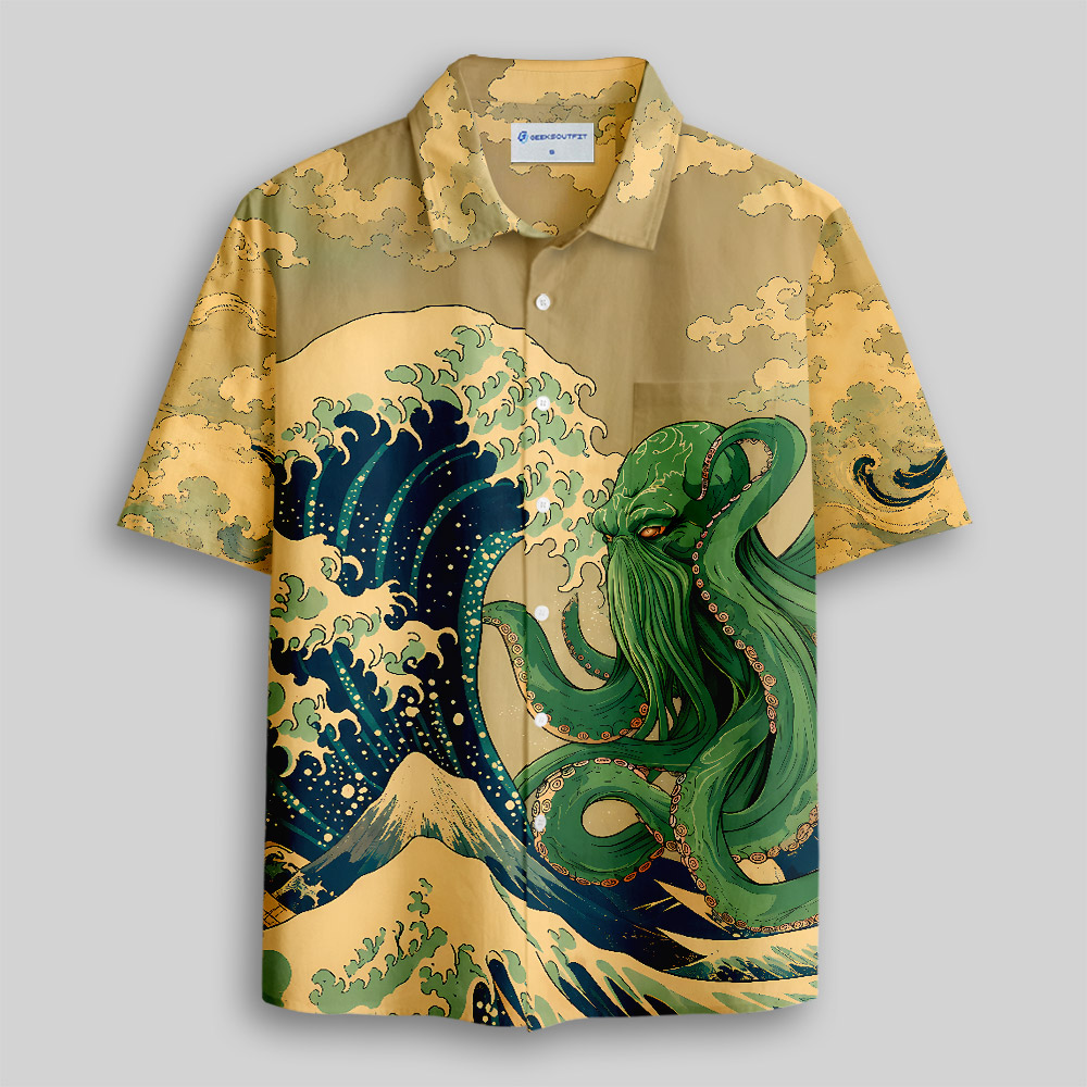 Ukiyoe Waves Cthulhu Button Up Pocket Shirt