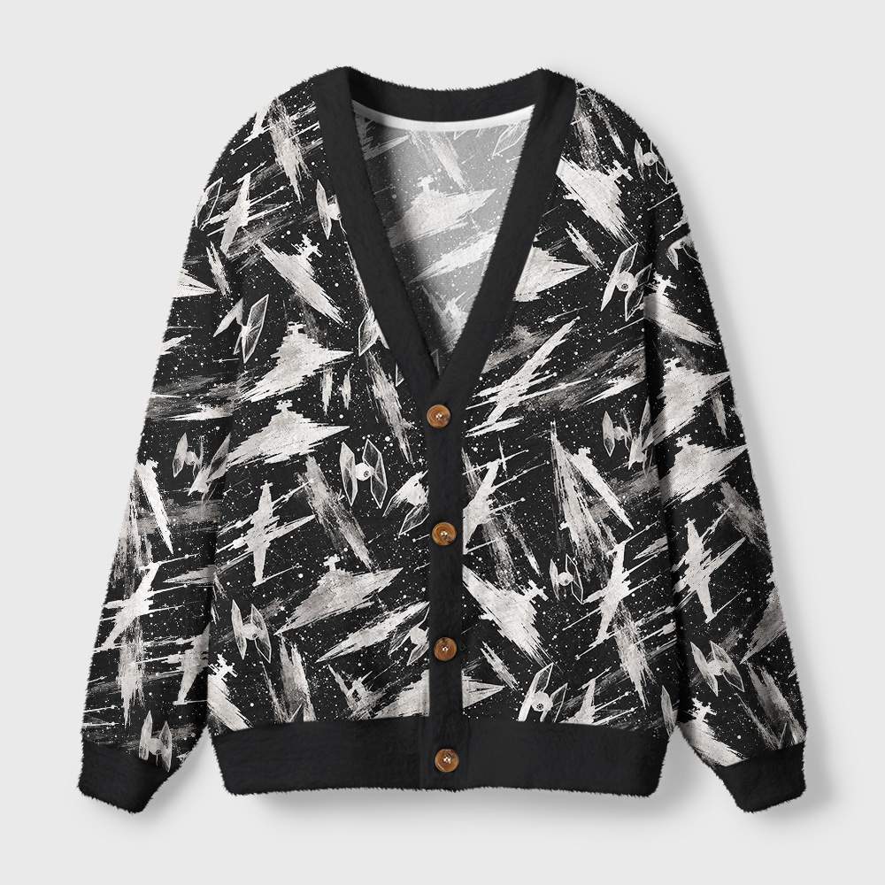 Galaxy Battle Ships Black White Seamless Geek Ugly Cardigan Sweaters