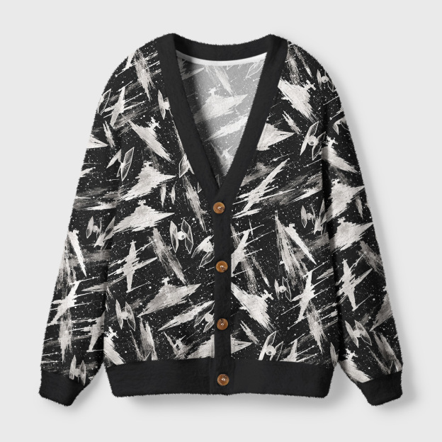 Galaxy Battle Ships Black White Seamless Geek Ugly Cardigan Sweaters
