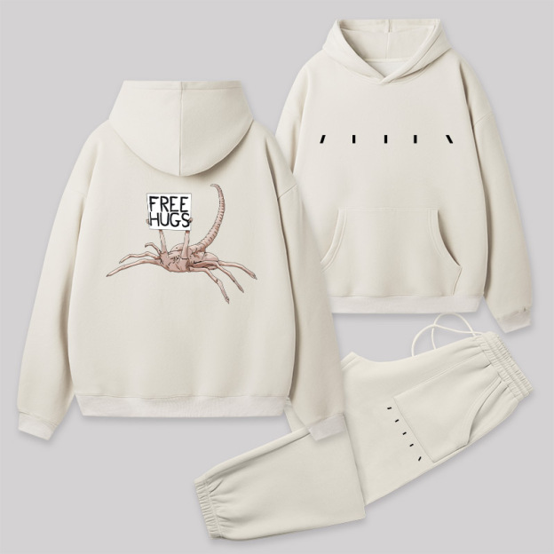 Free Hugs Alien Front and Back Printed Geek Fleece Hoodie Set