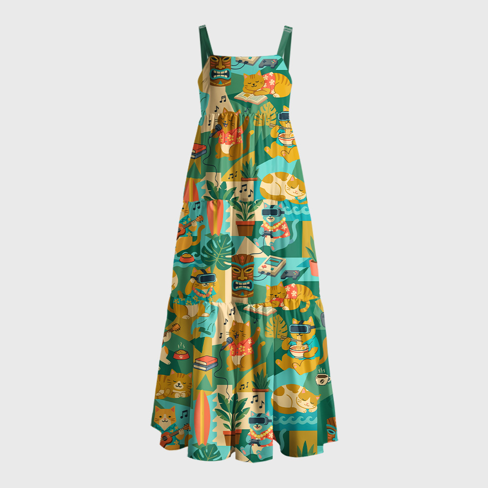 Meow-Laxing Lazy Cat Geek Tiered Cami Maxi Dress