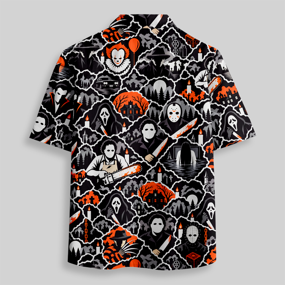 Spooky Halloween Horror Sticker Collage Seamless Button Up Pocket Shirt