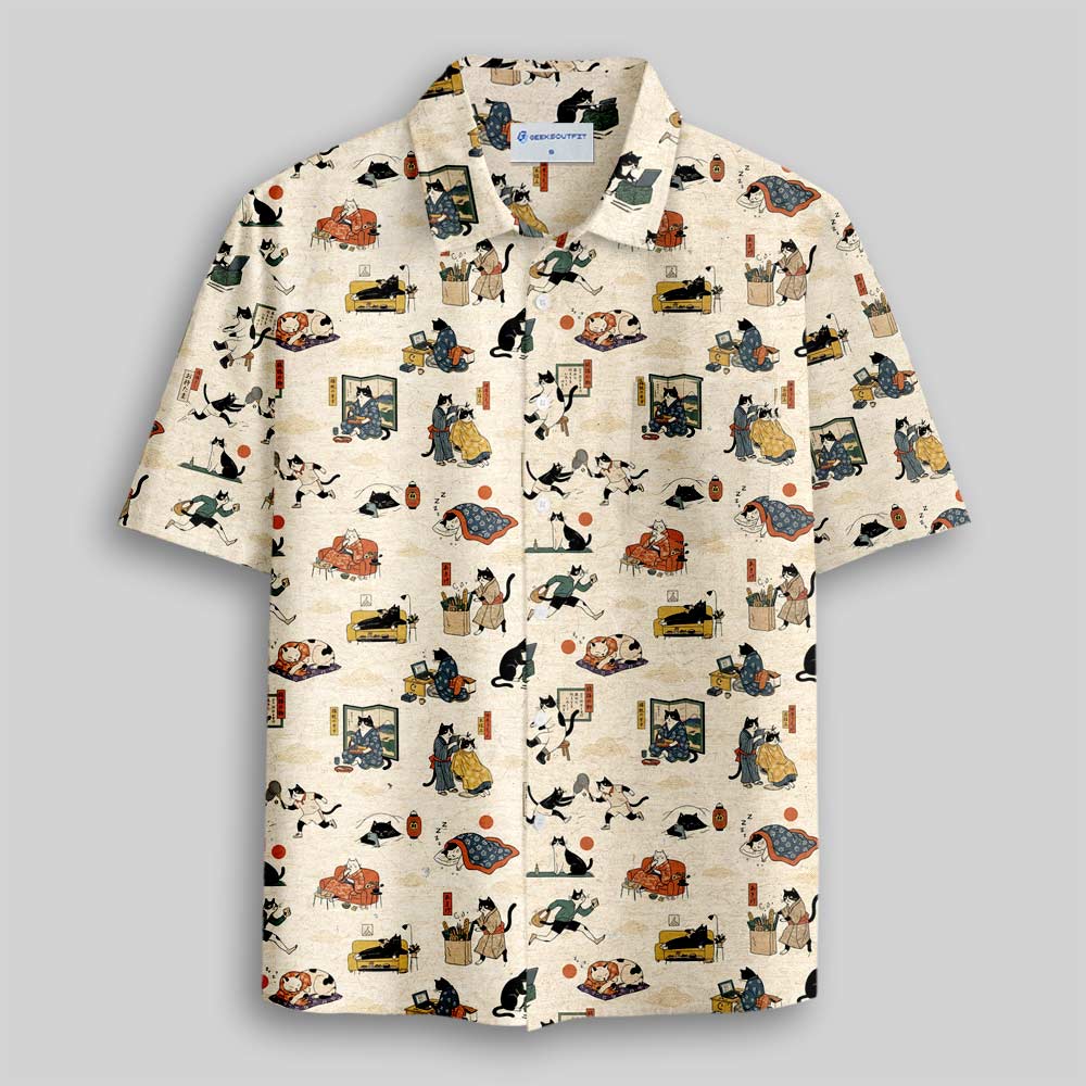 Edo Cat Daily Life Button Up Pocket Shirt