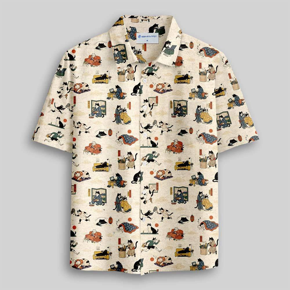 Edo Cat Daily Life Button Up Pocket Shirt
