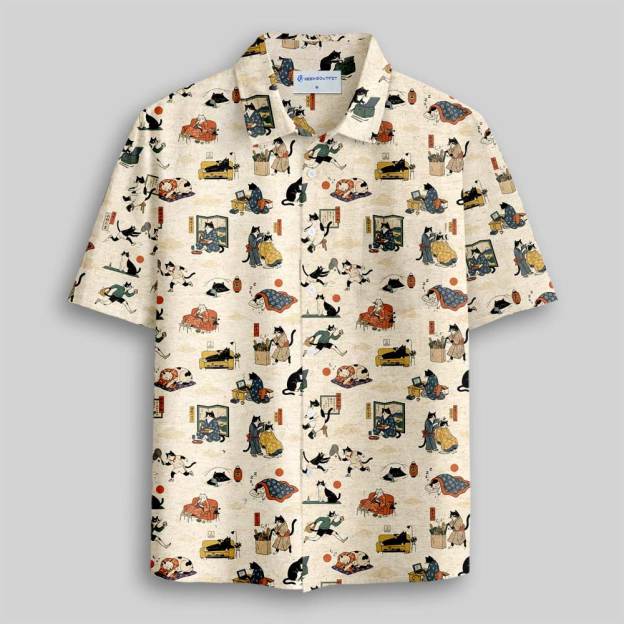 Edo Cat Daily Life Button Up Pocket Shirt