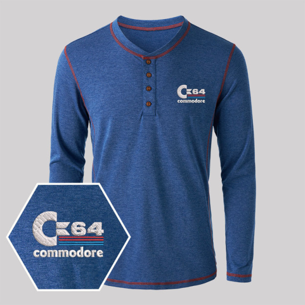 C64 Embroidered Long Sleeve Henley Shirts
