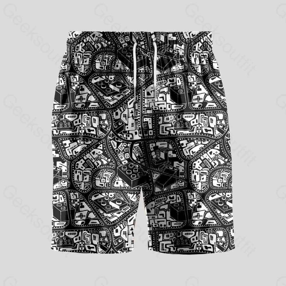 3D Map Lego Black Geeky Drawstring Shorts - Geeksoutfit
