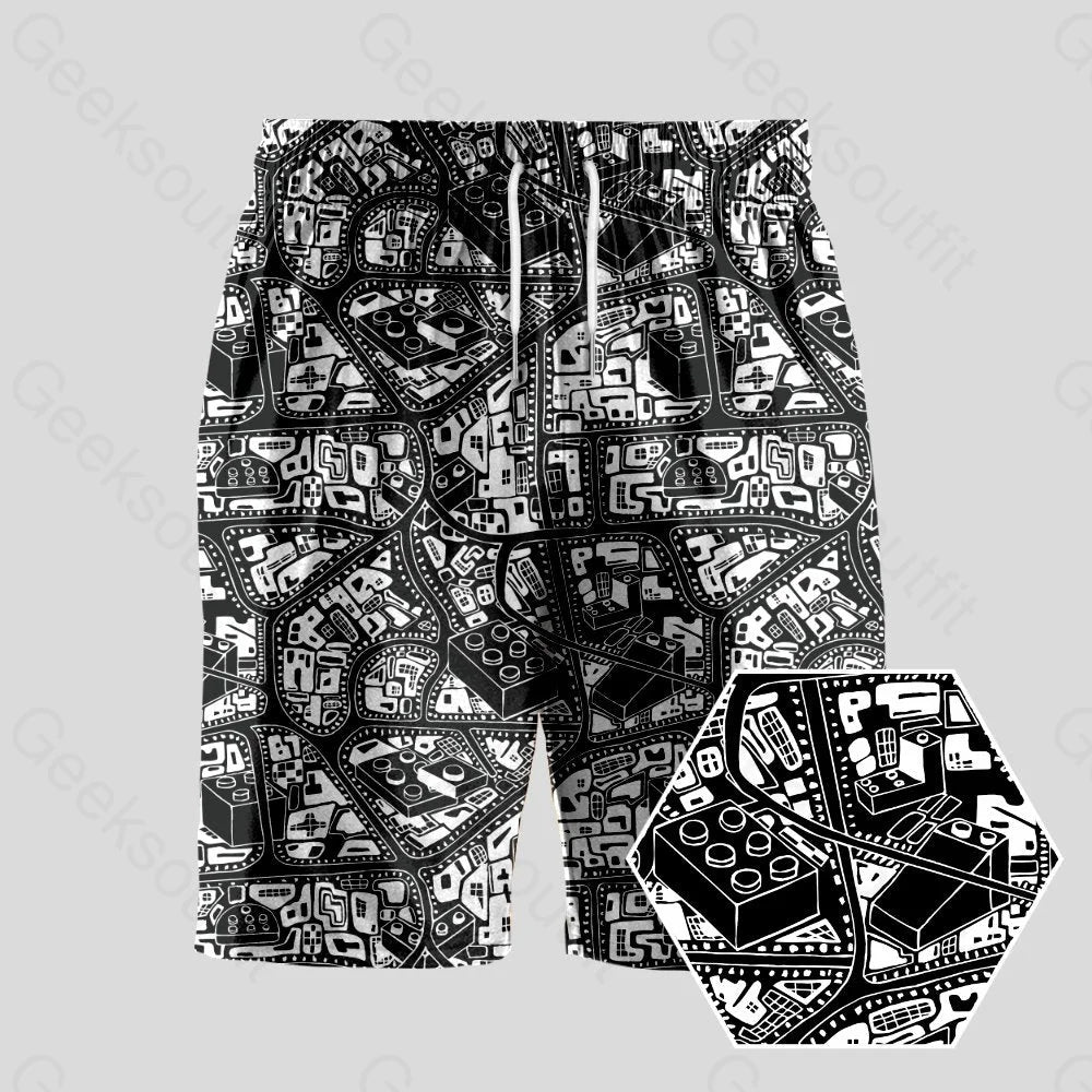 3D Map Lego Black Geeky Drawstring Shorts - Geeksoutfit
