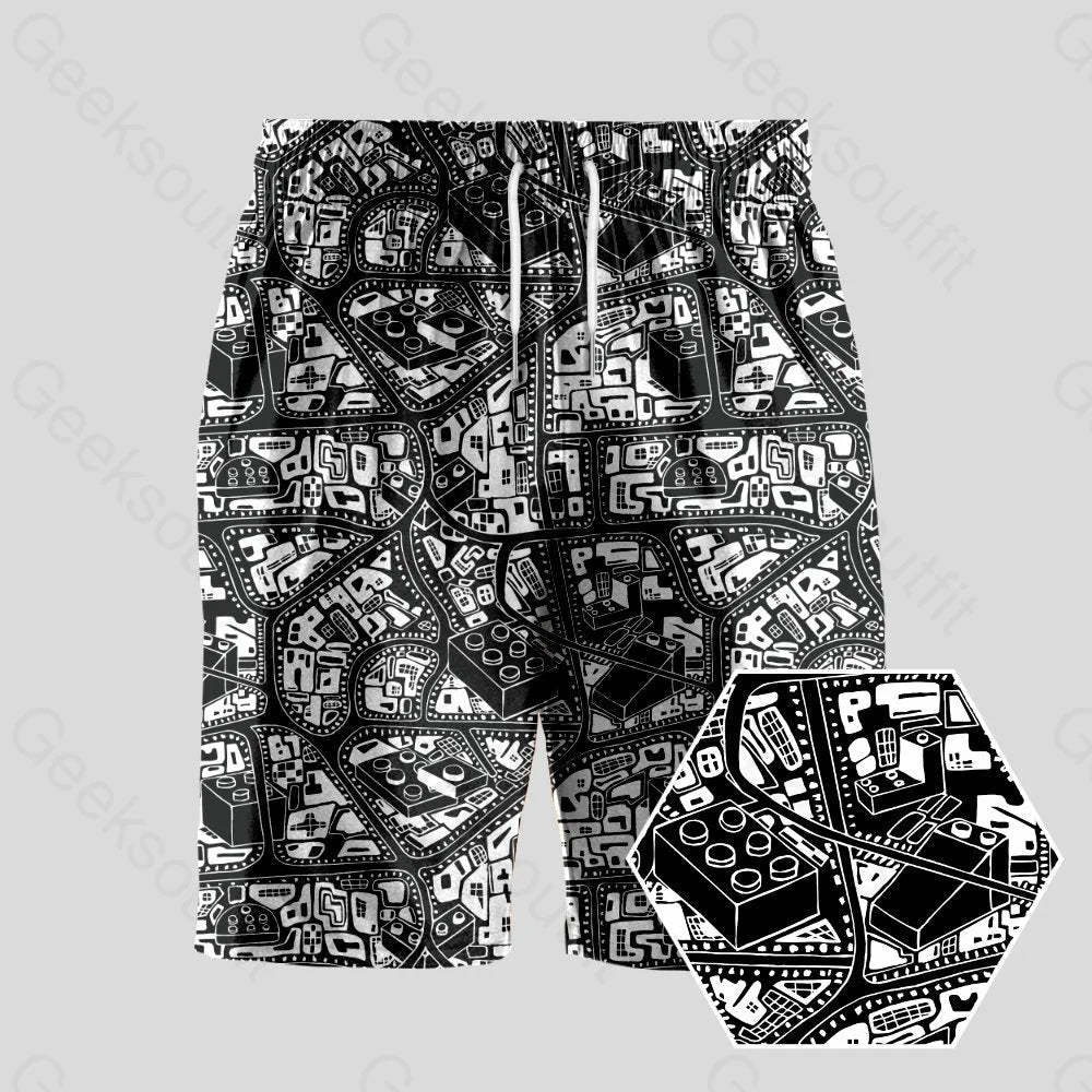 3D Map Lego Black Geeky Drawstring Shorts - Geeksoutfit