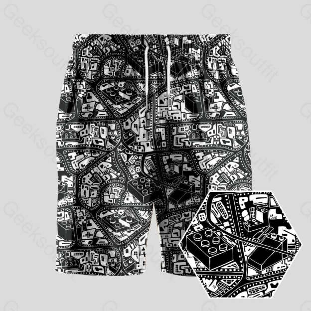 3D Map Lego Black Geeky Drawstring Shorts - Geeksoutfit