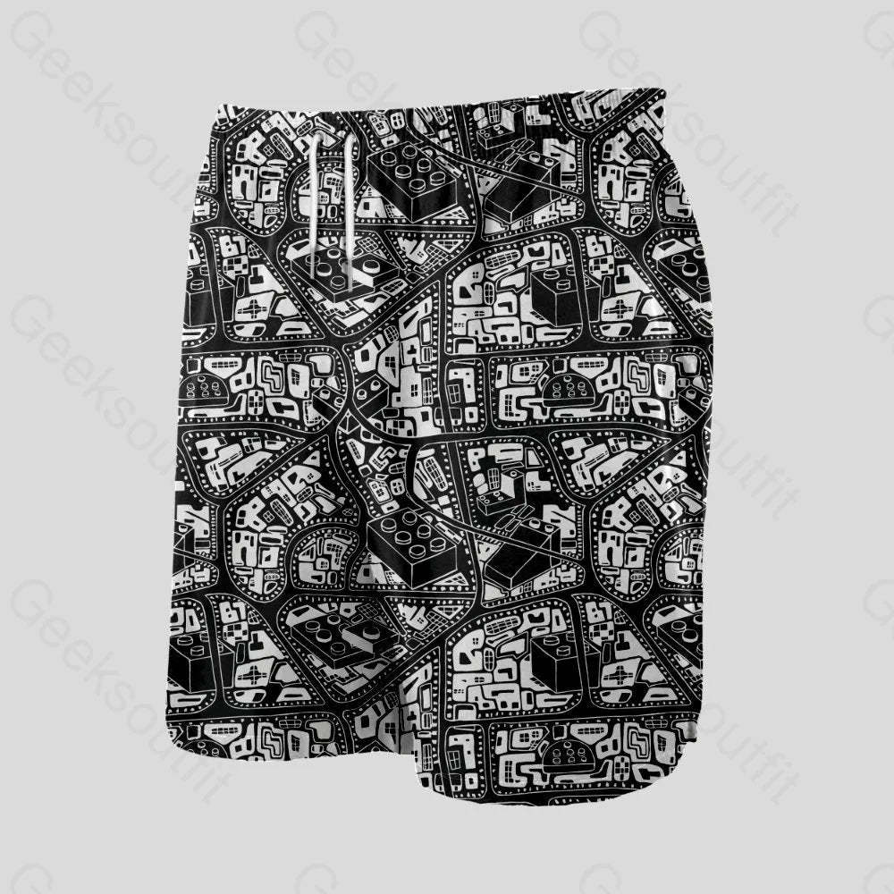 3D Map Lego Black Geeky Drawstring Shorts - Geeksoutfit