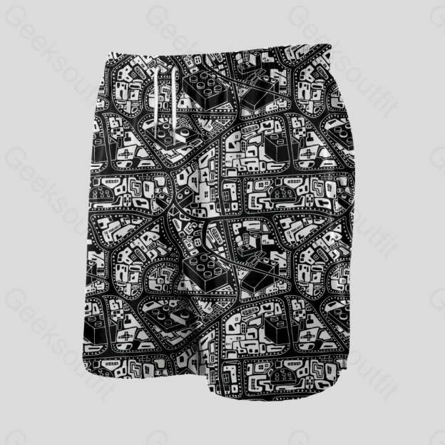 3D Map Lego Black Geeky Drawstring Shorts - Geeksoutfit