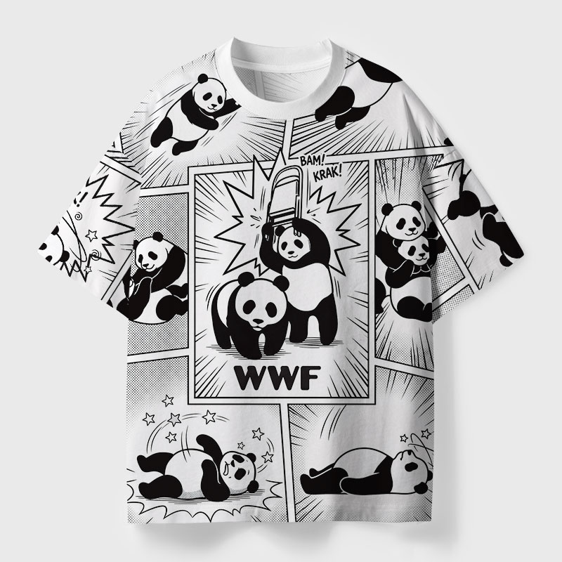 Black White Bear Wrestling Fight Geek Eco Oversized Graphic Tees
