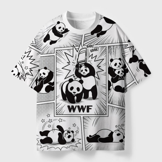 Black White Bear Wrestling Fight Geek Eco Oversized Graphic Tees