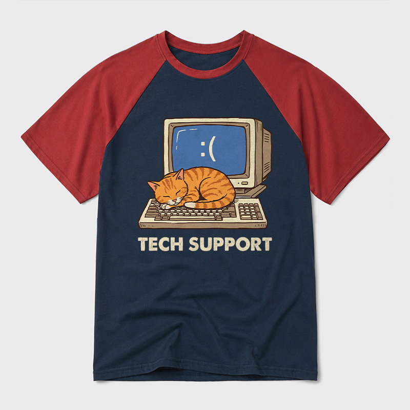 Tech Support Cat Geek Retro Raglan T-Shirt