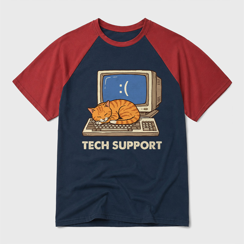 Tech Support Cat Geek Retro Raglan T-Shirt