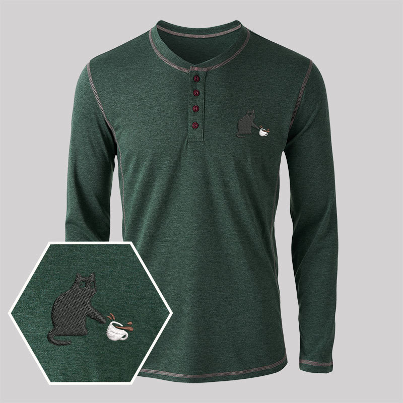 Playful Cat Embroidered Long Sleeve Henley Shirts