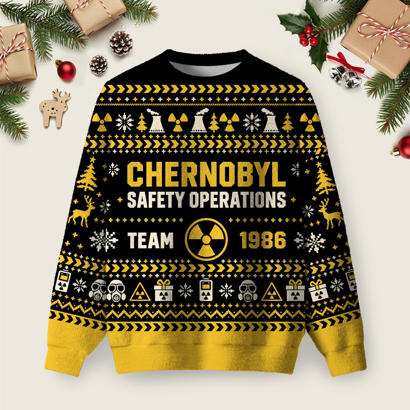Geeksoutfit Chernobyl 1986 Yellow Ugly Christmas Fuzzy Fleece Sweatshirt for Sale