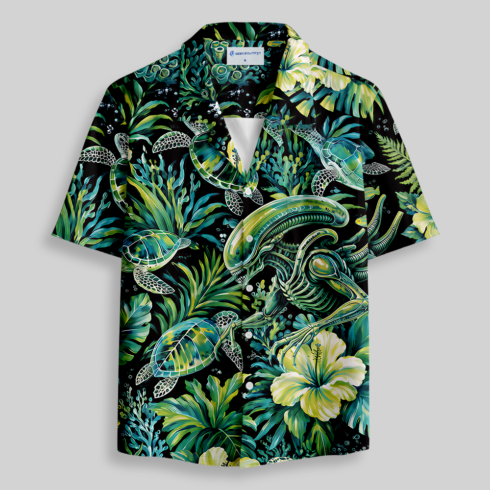 Underwater Jungle Sci-Fi Beast Sea Turtle Floral Button Up Pocket Shirt