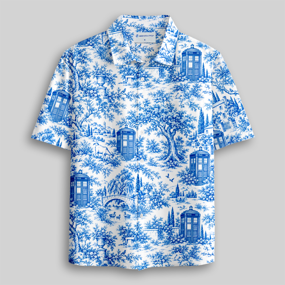 Blue Toile Fantasy Village Kiosk Button Up Pocket Shirt