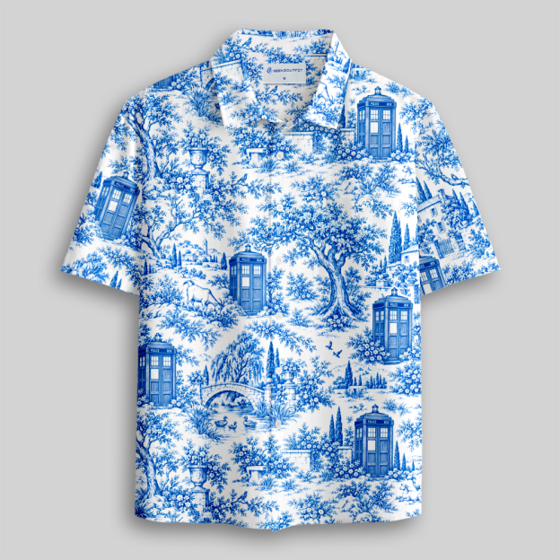 Blue Toile Fantasy Village Kiosk Button Up Pocket Shirt