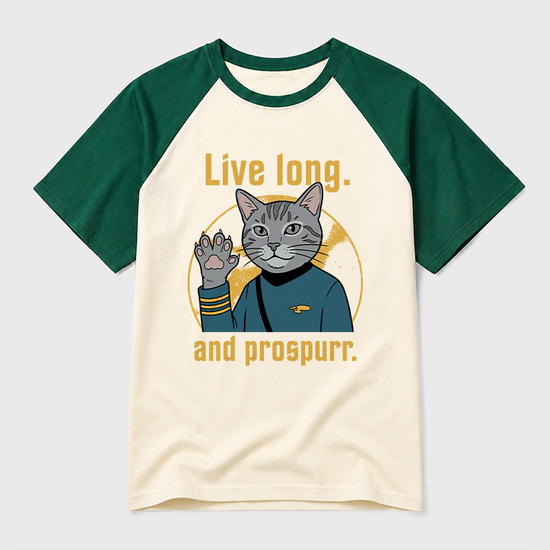 Live Long and Prospurr Vulcan Cat Geek Retro Raglan T-Shirt
