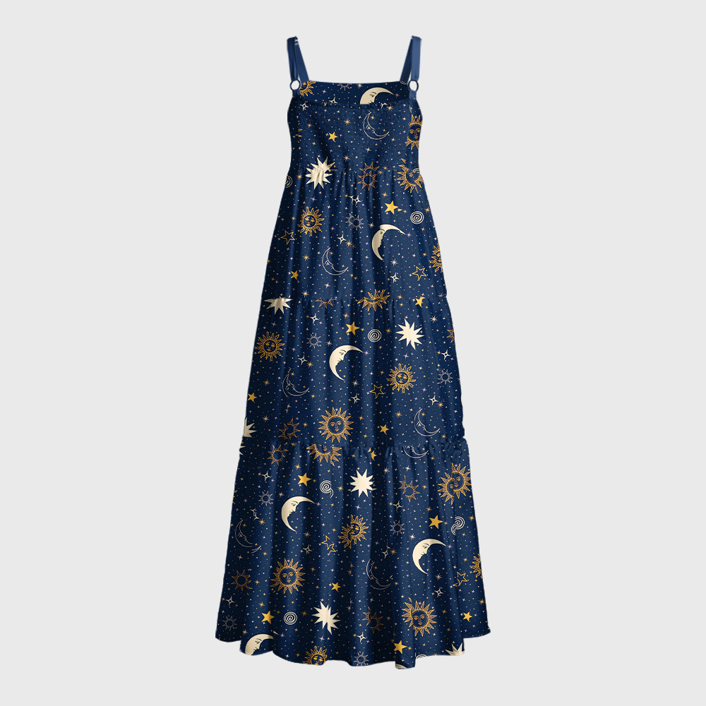 Face Sun & Crescent Moon Starry Night Geek Tiered Cami Maxi Dress