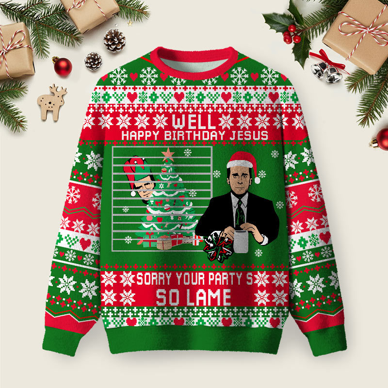 Geeksoutfit Happy Birthday Jesus Ugly Christmas Knit Sweatshirt for Sale