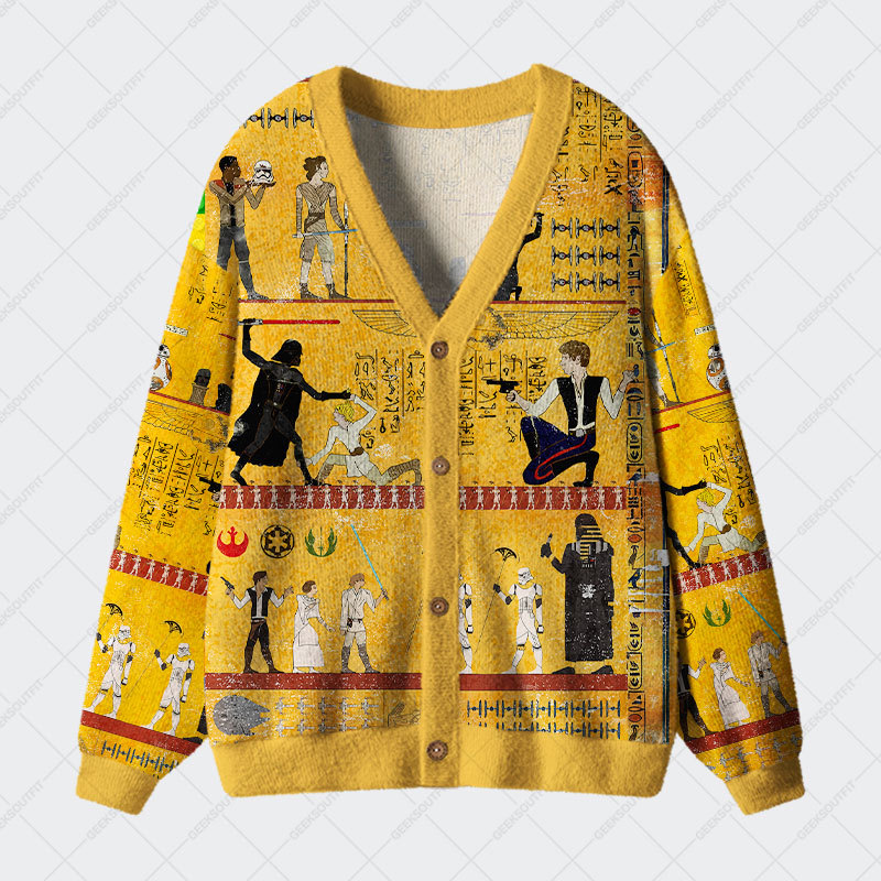 Geeksoutfit Dark Warrior Ancient Egypt Mural Geek Ugly Cardigan Sweaters for Sale