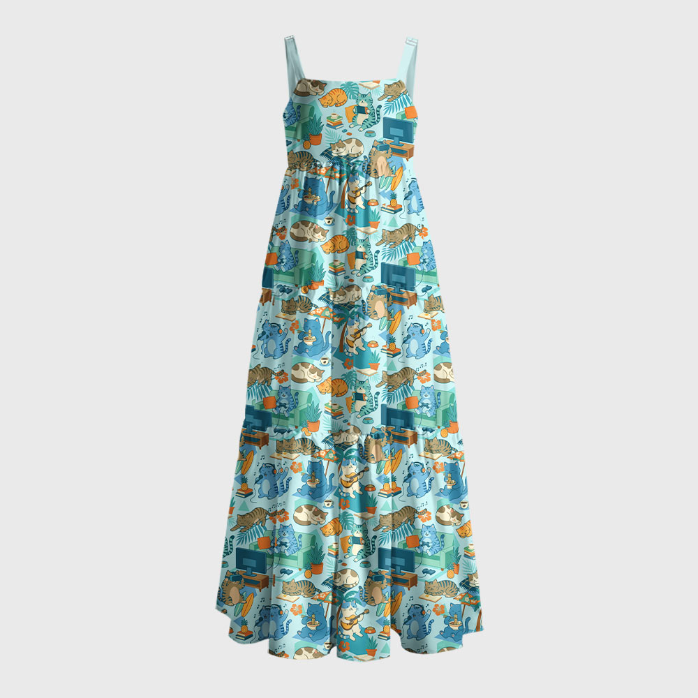 Homebody Paradise Whimsical Cat Geek Tiered Cami Maxi Dress
