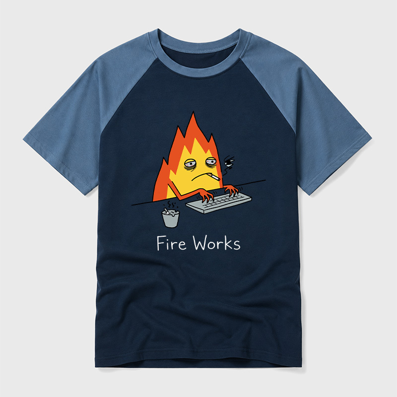 Fire Works Overworked Flame Geek Retro Raglan T-Shirt