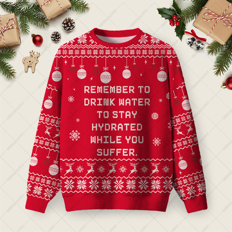 Geeksoutfit Remember To Drink Water Ugly Christmas Fuzzy Fleece Sweatshirt for Sale