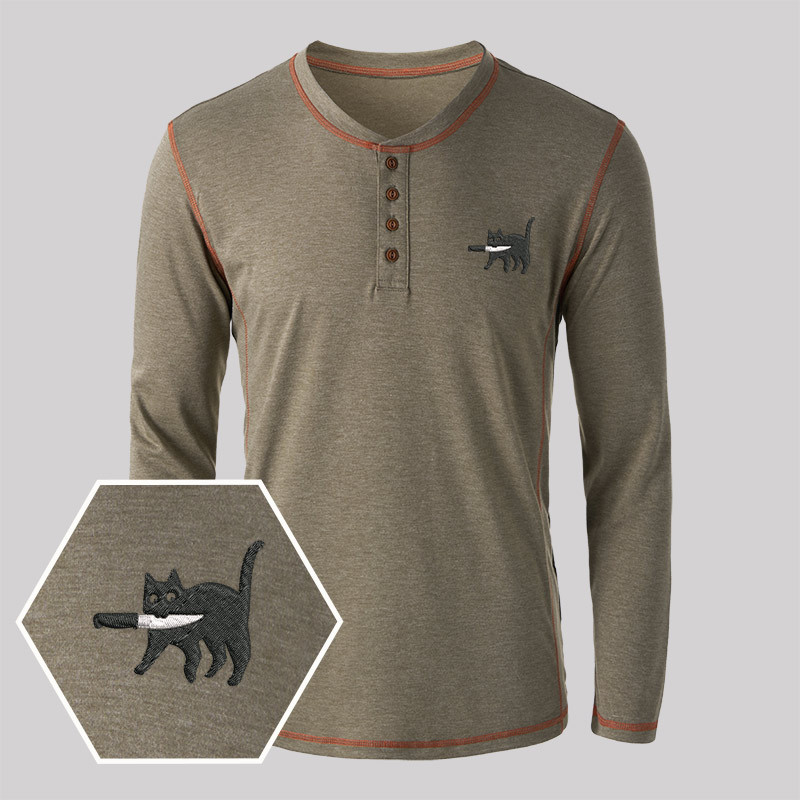 Samurai Cat Geek Embroidered Long Sleeve Henley Shirts