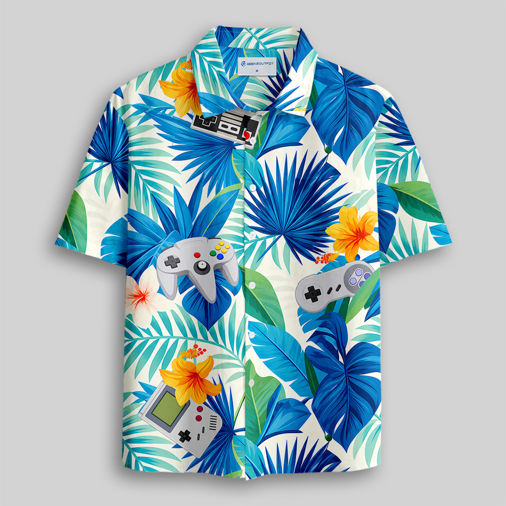 Hawaiian Tropicals & Retro Gamers Button Up Pocket Shirt