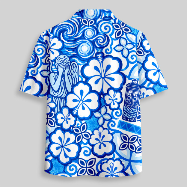 Time Travel Weeping Statue Hibiscus Phone Box Hawaii Button Up Pocket Shirt