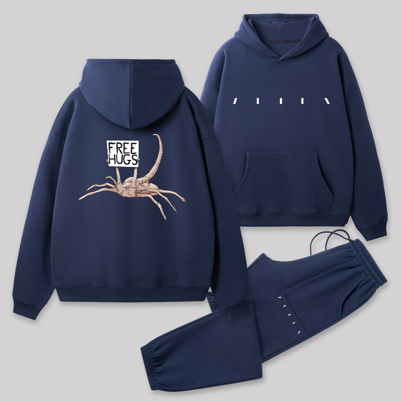 Free Hugs Alien Front and Back Printed Geek Fleece Hoodie Set