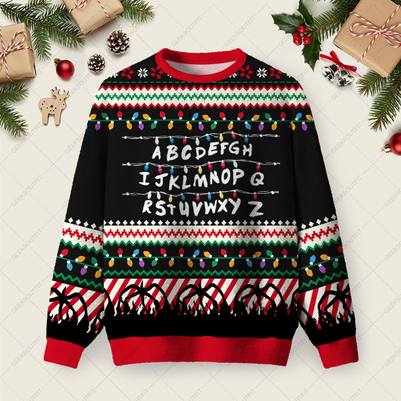 Geeksoutfit Strange ABCDEFGH Ugly Christmas Fuzzy Fleece Sweatshirt for Sale