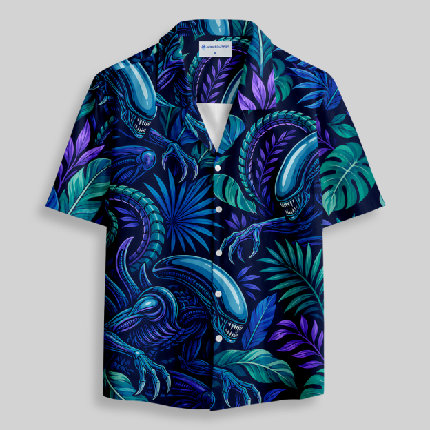 Retro Sci-Fi Void Predator Tropical Button Up Pocket Shirt